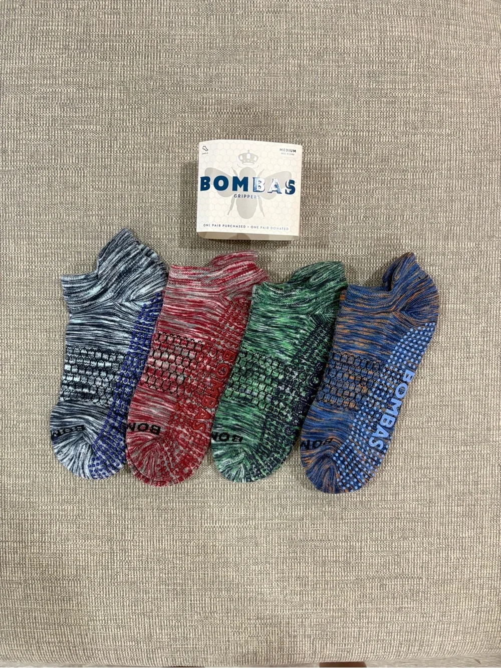 Bombas Men's Low-Cut Gripper Socks — Blue, Red, Green, Gray Marled Set